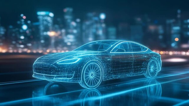 A futuristic electric car is depicted as a glowing blue wireframe model against a blurred city lights background, representing advanced automotive technology.