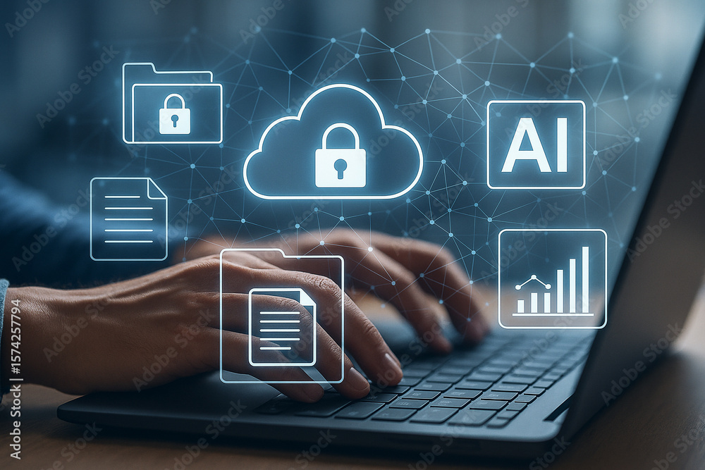 Poster cloud computing security and ai data analysis on laptop for business and technology concept use case