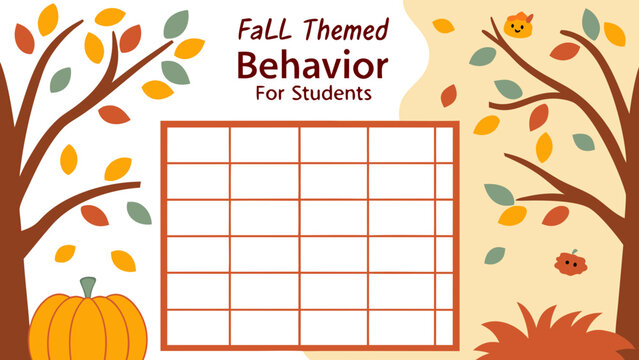 Fall themed behavior chart with trees, leaves, and a pumpkin, designed for student behavior tracking use - Powered by Adobe