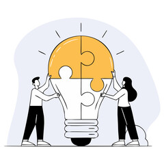 Team building an idea lightbulb made of puzzle pieces