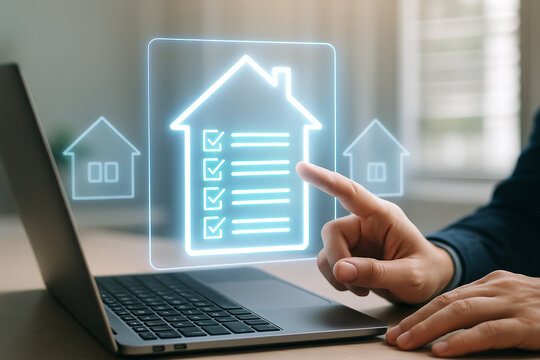 Real estate checklist online home buying guide property search digital inspection process laptop screen