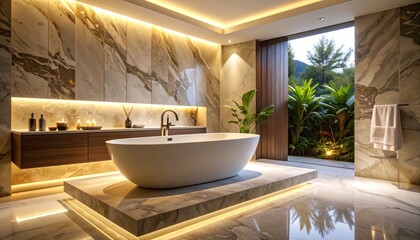 Luxurious Modern Bathroom Design: Freestanding Tub, Marble, and Tropical Garden View