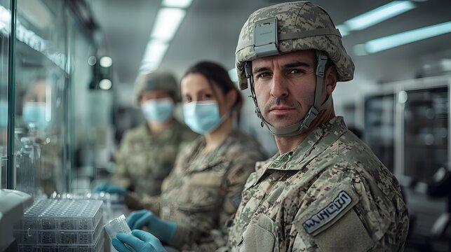 A group of military personnel in uniform undergo DNA sample collection as part of a secure genetic identification system within a controlled facility