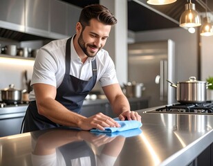 Chef Cleaning Stainless Steel Kitchen Counter