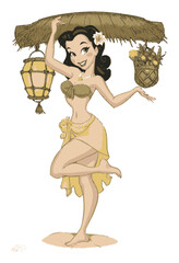 Hand-Drawn Tropical Woman with Hut and Baskets Vector Art Illustration