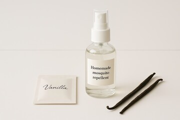 minimalist natural mosquito repellent setup on a clean white background. A clear glass spray bottle with a simple label and a small flat white kraft paper packet with the word Vanilla. vanilla pods. 