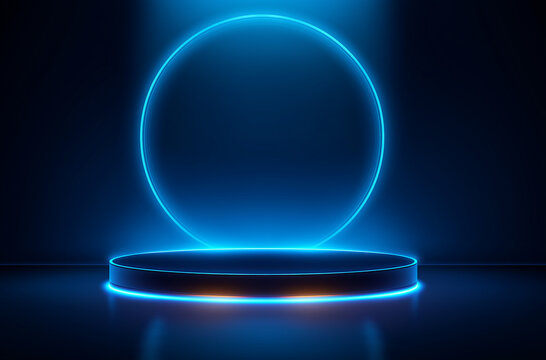 Abstract blue glowing neon podium with a circle for product presentation on a dark background