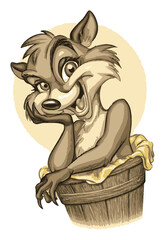 Whimsical Hand-Drawn Cartoon Raccoon Character in a Wooden Barrel