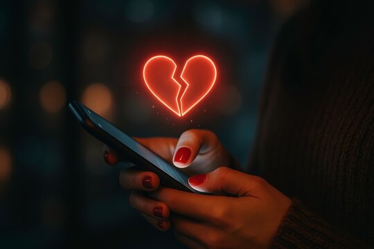 woman's hand holds a smartphone with a glowing broken heart icon floating above it, symbolizing breakup through a dating app. Concept of digital heartbreak, emotional distance, and modern love. 