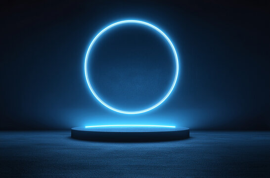 Abstract blue glowing neon podium with a circle for product presentation on a dark background