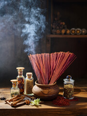 Cultural symbolism captured through incense sticks and aromatic herbs in artistic still life.
