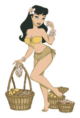 Hand Drawn Vector Illustration of a Hawaiian Girl with Tropical Fruits