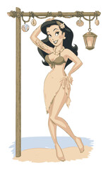 Playful Hand-Drawn Cartoon Character Standing by a Beach Hut