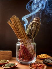 Incense sticks displayed with spices and herbs in a spiritual and meditative photo series.