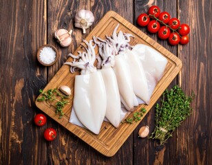 Fresh Raw Squid On Wooden Cutting Board With Vegetables