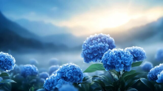 A picturesque field of vibrant blue hydrangeas with mountains and a misty sunrise or sunset in the background, creating a serene and dreamy landscape.