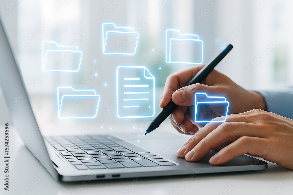 Poster document management system software on laptop for efficient file organization and data storage solut