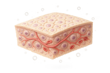 Detailed cross-section of human skin tissue with cells and vessels, transparent background