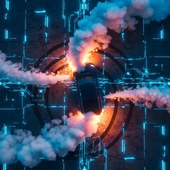 Top-Down Car Drift - Flaming Tech Circuit Board Background, Futuristic Race, Digital Collision, Urban Energy, Cyberpunk Action, Burning Vehicle