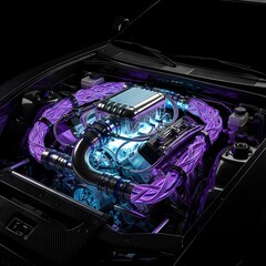 Futuristic Car Engine - Glowing Purple Neon Lights, High Performance Technology, AI Powered Automotive Powerplant, Advanced Engineering, Synthwave