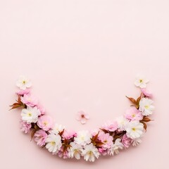Cherry Blossom Wreath - Semicircle Pink Background, Delicate Floral Frame, Spring Sakura Bloom, Botanical Beauty, Pastel Decor, Nature Art