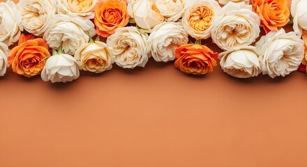 Warm Roses Floral Top Border - Orange White Red Blooms, Autumnal Floral Arrangement, Elegant Garden Flowers, Earthy Backdrop, Natural Decor