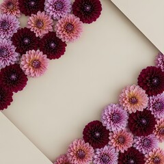Artistic Floral Frame Diagonal Corners - Red Purple Dahlia Flowers, Geometric Corner Design, Elegant Botanical Border, Artistic Beige Backdrop