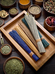 Aromatherapy-inspired photography of incense sticks arranged with herbs and spices.