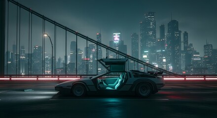 Futuristic Car Cyberpunk City Night - Neon Lit Urban Skyline, Sci-Fi Bridge, Dystopian Metropolis, High-Tech Transport, Dark Atmosphere