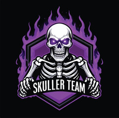 "Skuller Team Logo with Purple Flames &ndash; Fierce Skeleton Mascot for Sports & Gaming"