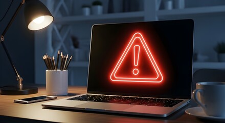 Laptop Red Alert Icon - Glowing Cybersecurity Warning, Data Breach Threat, Online Security Error, System Notification, Dark Background, Digital Risk
