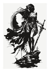 Elegant Hand-Drawn Woman with Sword and Abstract Background Design