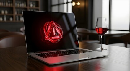 Laptop Red Error Alert - Triangular Icon, Digital Security Warning, Work From Home Risk, Cybersecurity Threat, Office Wine Glass, Privacy Issue