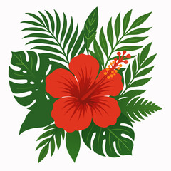 Tropical-themed vector illustration of a red hibiscus flower bouquet with detailed green foliage