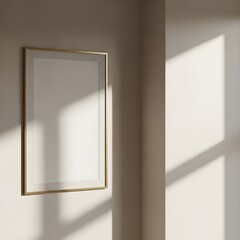 Mockup Gold Vertical Frame - Wall with Shadow Play, Modern Interior, Bright Room Art Display, Elegant Design Template, Sunlight Effect