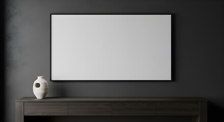 Mockup Horizontal Frame - Wooden Shelf, Dark Wall Interior, Minimalist Home Decor, Elegant Art Display, Modern Living Space, Moody Aesthetic