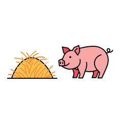 Pig and Haystack Icon: Farm Animal Illustration