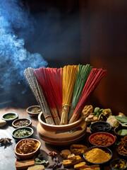 Artistic incense photography featuring smoke, herbs, and traditional containers.