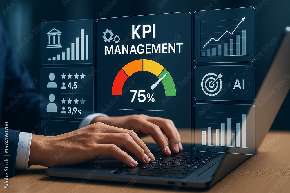 Poster kpi management dashboard with business analytics and performance tracking on laptop screen display v