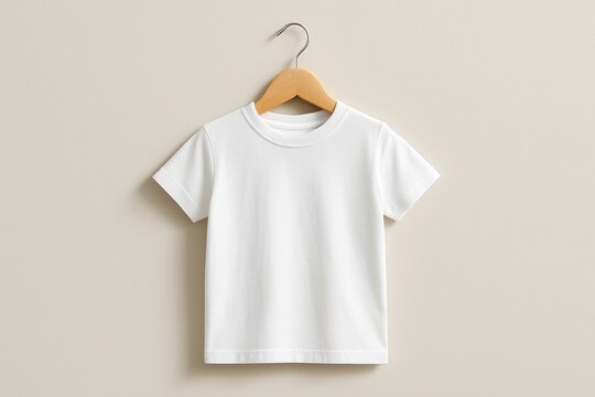 Photo mockup of a white clean blank kids t-shirt hanging on a wooden hanger against a light milky wall. Perfect for presenting your kids design.
