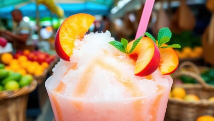 Refreshing peach slush drink adorned with fruit slices and vibrant mint at a bustling outdoor marketplace