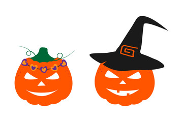 Hand Drawn Halloween Pumpkins in hearts wreath and in Witch Hat Cute Characters Halloween elements