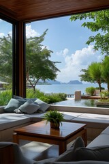 Obraz premium Luxurious lakeside retreat with modern interior and scenic views of mountains and trees