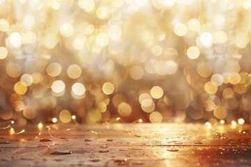 Wet wooden table surface sparkling with a string of fairy lights and golden bokeh background creates a magical christmas atmosphere