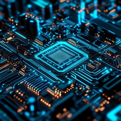 Close-up of a glowing circuit board with microchip and electric connections