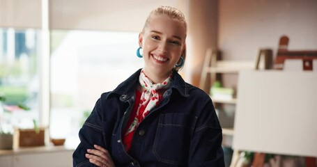 Woman, face and painter in workshop with arms crossed, creativity and happiness in career or hobby. Pride, confidence in talent and female artist with smile, ambition and portrait in art studio