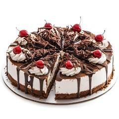 Chocolate cherry cake with drizzle and cream topping on white background