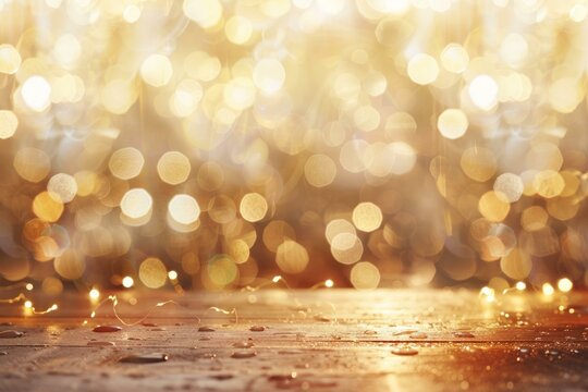 Wet wooden table surface sparkling with a string of fairy lights and golden bokeh background creates a magical christmas atmosphere