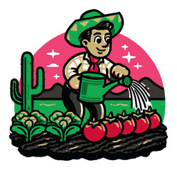 Cheerful Farmer Watering Plants in Vibrant Cartoon Landscape