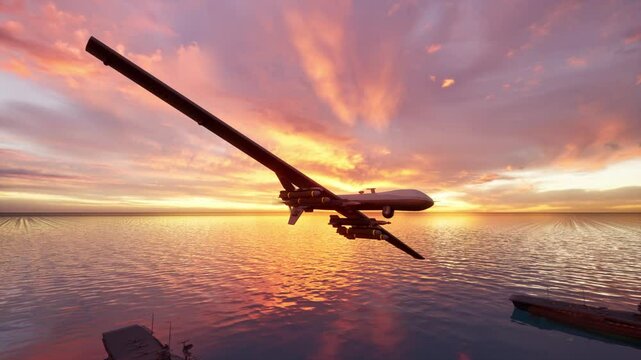 Armed Military Drone Flying Over A Warship At Sunset